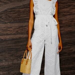 Topshop Overalls NEW w Tags Sz 2 Wide Legs Eyelet Apron Tie Waist Ruffle White